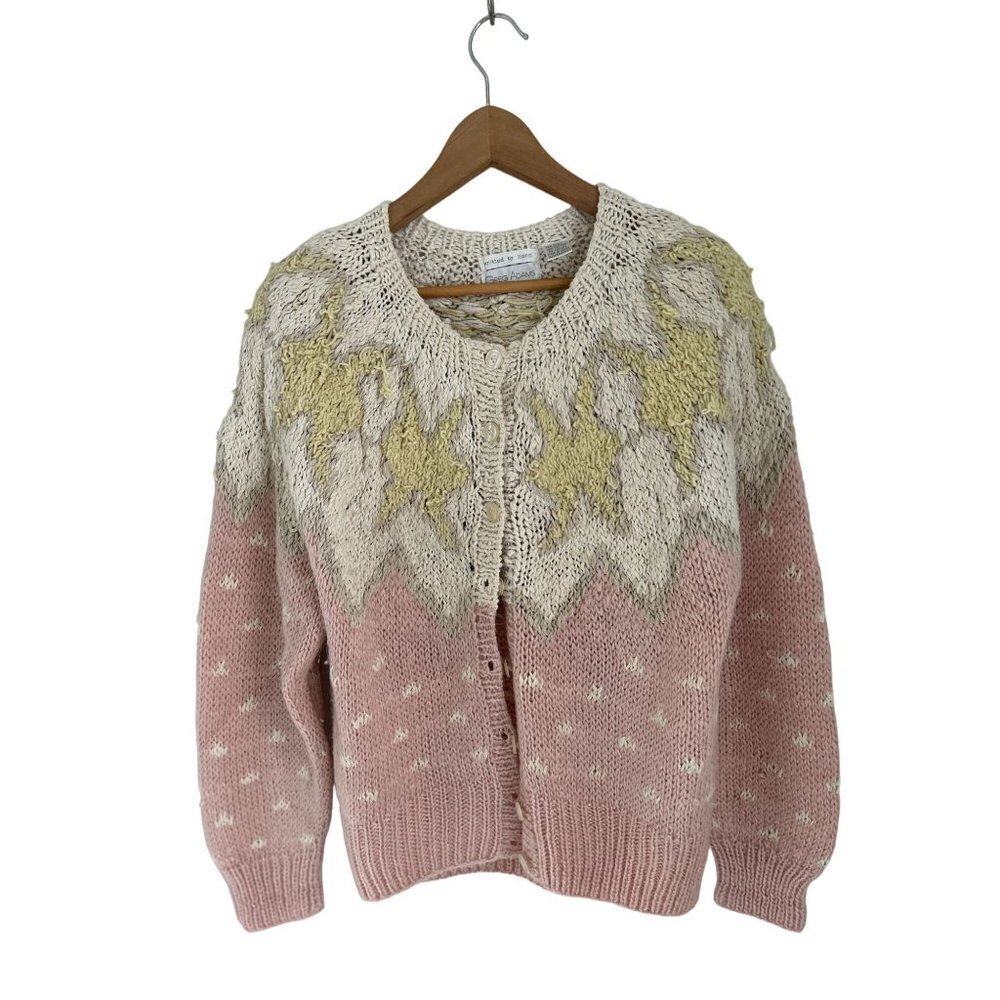 GREG ADAMS Knitted by Hand Fair Island Cardigan Pink Cream White Size Med